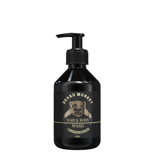 Beard Monkey Lemongrassrain Hair & Body Wash shampoo ja suihkusaippua yhdessä missä raikas sitrustuoksu