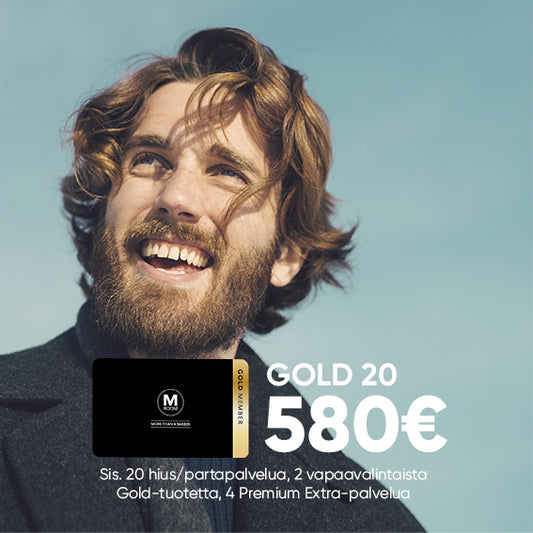 M Room Gold 20 580€ sis. 20 hius/partapalvelua, 2 vapaavalintaista Gold-tuotetta, 4 Premium Extra-palvelua