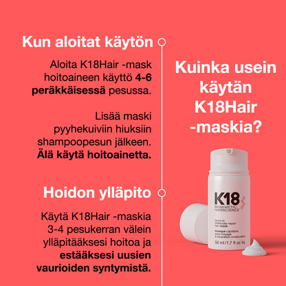 K18 Hair Leave-in Molecular Repair Hair Mask tehohoito käyttöohjeet