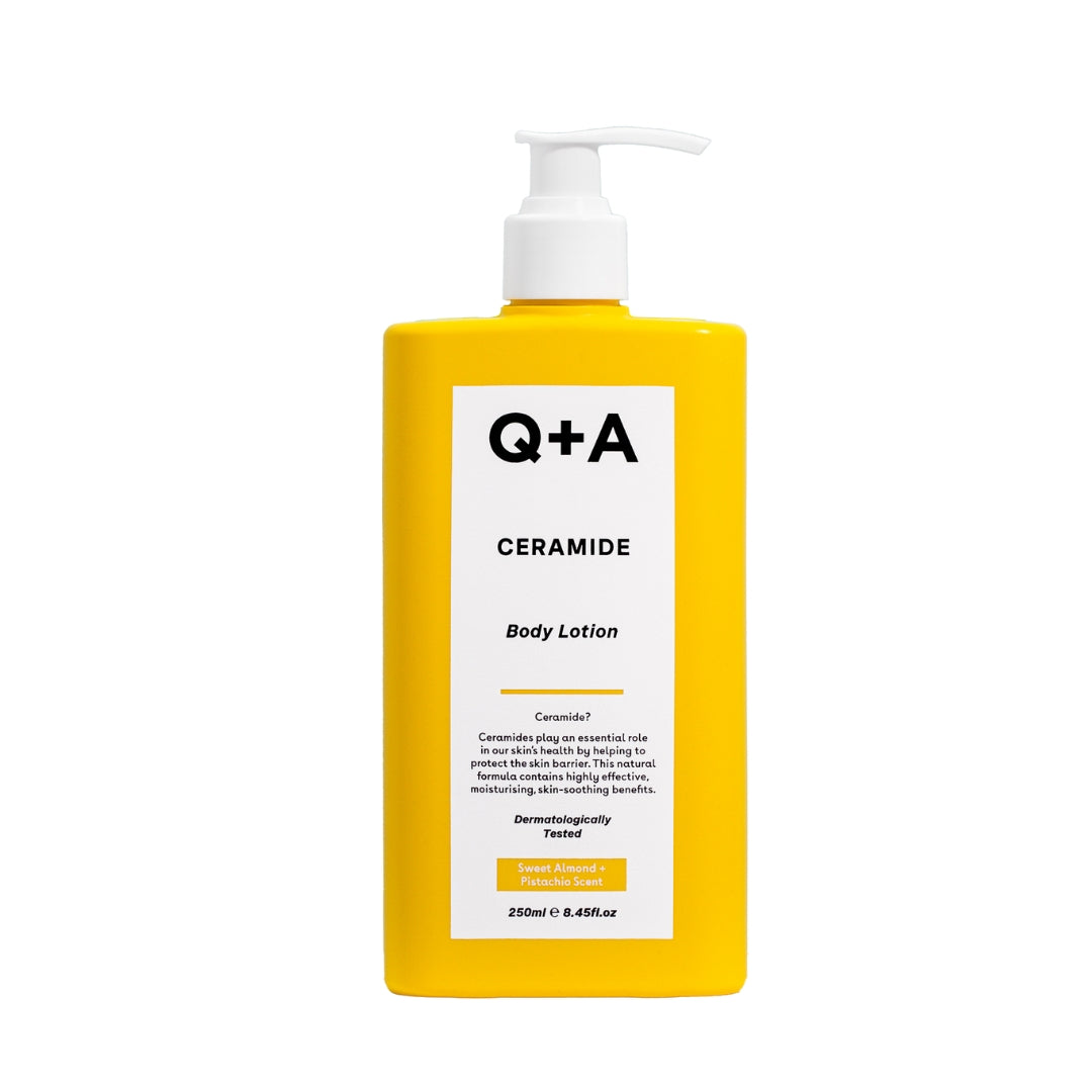 Q+A Ceramide Body Lotion vartalovoide vasrtalorasva kuivalle iholle sisältää keramideja 250ml keltainen pumppupullo