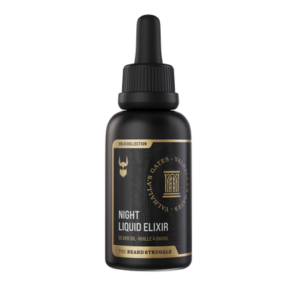 Beard Struggle gold edition Night Liquid Elixir Valhalla's Gates partaöljy pipettipullossa