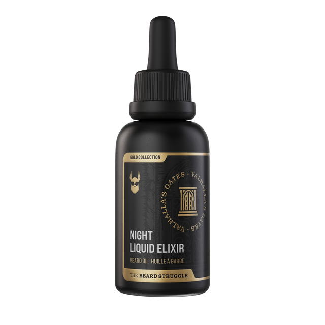 Beard Struggle gold edition Night Liquid Elixir Valhalla's Gates partaöljy pipettipullossa
