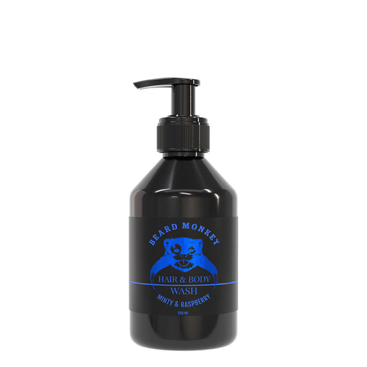 Beard Monkey Minty & Raspberry Hair & Body Wash shampoo ja suihkusaippua yhdessä mintun ja vadelman tuoksuisena