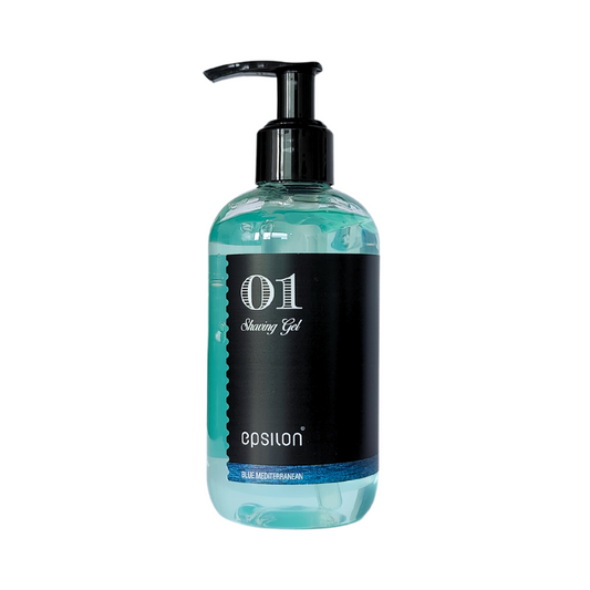 Epsilon Shaving Gel 01 Blue Mediterranean parranajogeeli pumppupullossa