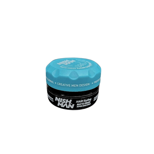 Nishman Hair Styling Matte Finish Super High Hold M4 100 ml sininen kansi ja musta purkki mattavaha voimakas pito