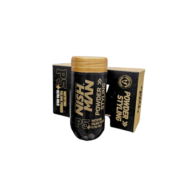 Nishman Powder Styling Mattifying Volume Powder Ultra Hold P5+ hiuspuuteri kultainen korkki ja musta purkki pahvilaatikko