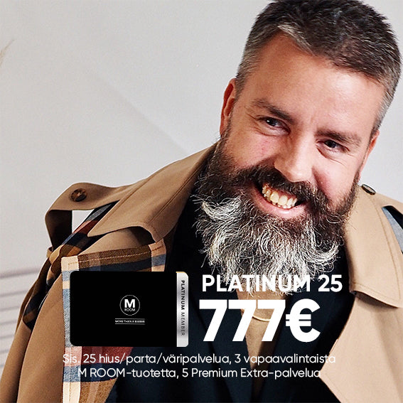M Room platinum 25 777€ sis. 25 hius/parta/väripalvelua, 3 vapaavalintaista M ROOM-tuotetta, 5 Premium Extra-palvelua