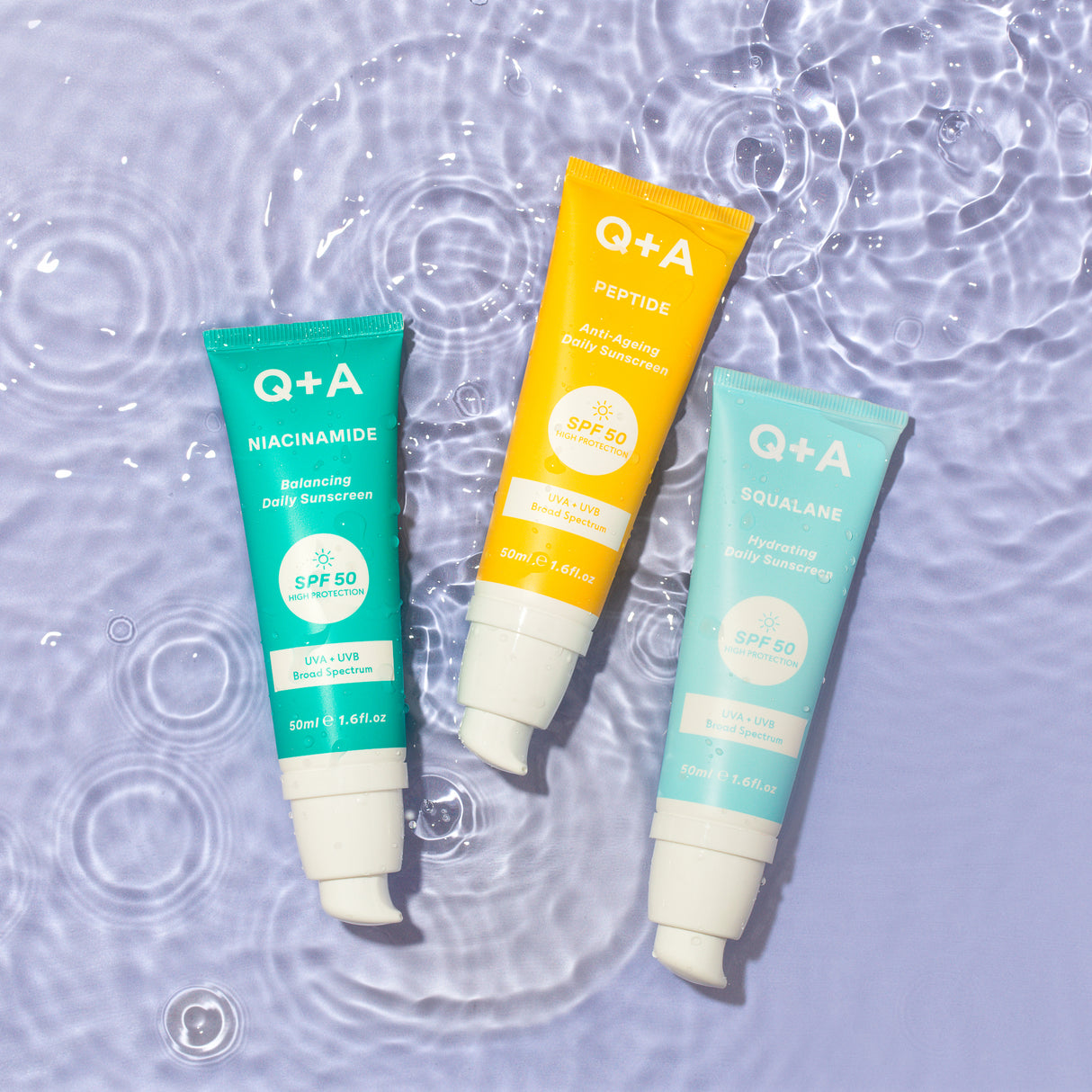 Q+A aurinkovoiteet SPF pumppupullossa niacinamide peptide ja squalane