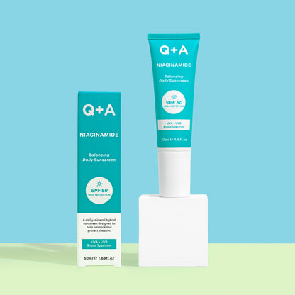 Q+A Niacinamide Balancing Daily Sunscreen SPF50 UVA+UVB tasapainottava aurinkovoide aurinkosuoja aurinkorasva pakkaus