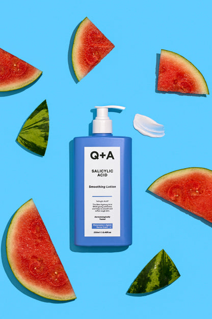 Q+A Salicylic Acid Smoothing Lotion Bodycare Watermelons White Cream Blue Backround pumppupullo