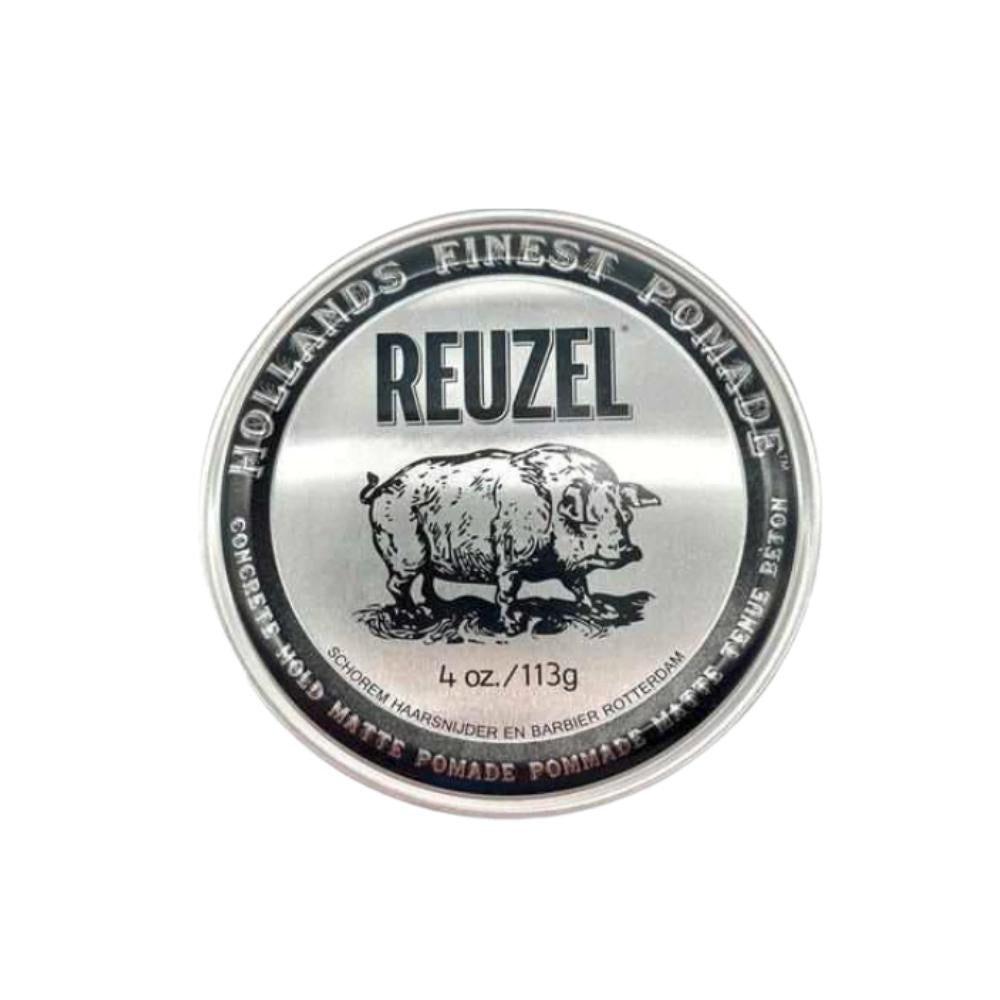 Reuzel Concrete Hold Matte Pommade 4 oz. 113 g Hollands Finest Pomade mattapomade musta hopea kiiltävä metalli purkki