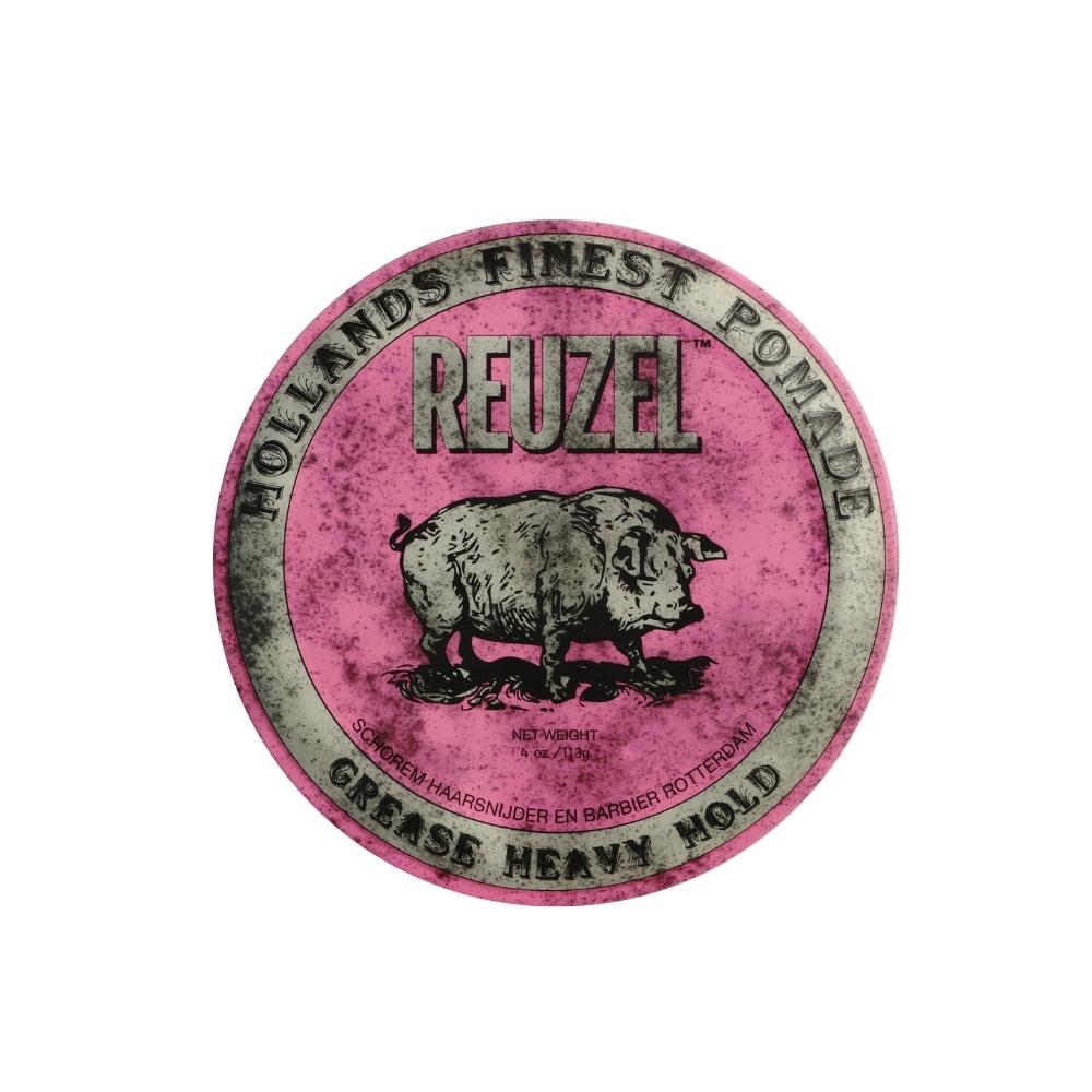 Reuzel Pink Grease Heavy Hold Pomade 4 oz. 113 g Hollands Finest Pomade vaaleanpunainen pinkki metallipurkki possun kuva