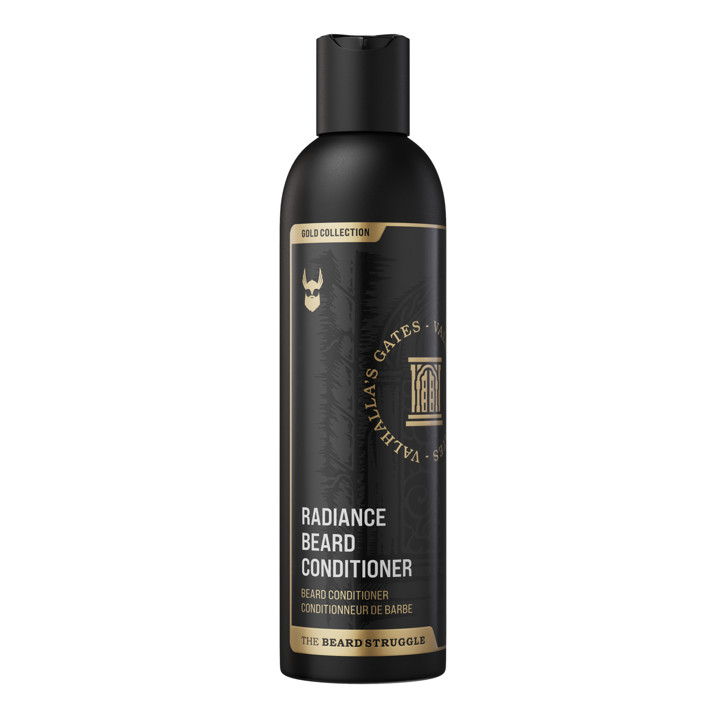 Beard Struggle Radiance Beard Conditioner Valhalla's Gates -partahoitoaine 240 ml musta pullo kultaisilla ja valkoisilla teksteillä