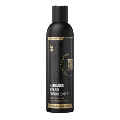 Beard Struggle Radiance Beard Conditioner Valhalla's Gates -partahoitoaine 240 ml musta pullo kultaisilla ja valkoisilla teksteillä