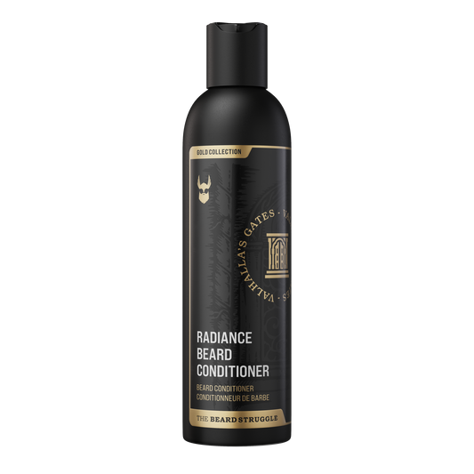 Beard Struggle Radiance Beard Conditioner Valhalla's Gates -partahoitoaine 240 ml musta pullo kultaisilla ja valkoisilla teksteillä