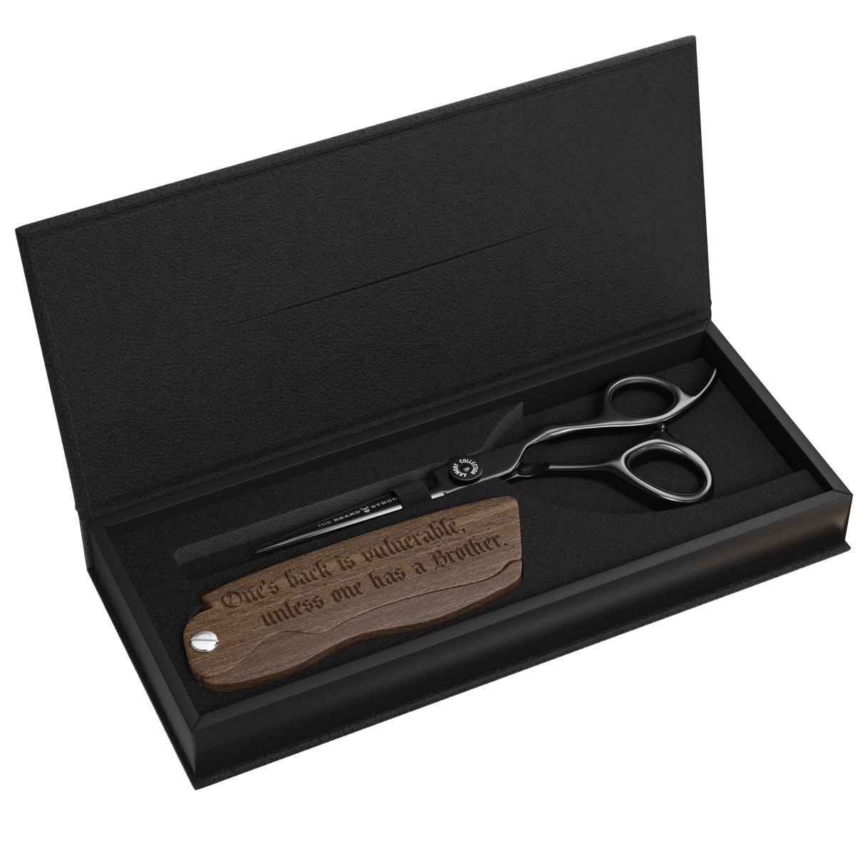 The Beard Struggle The Viking Black Steel Trimming kit Scissors and Comb in a box sakset ja kampa parranhoitoon One's back is vulnerable unles one has a brother