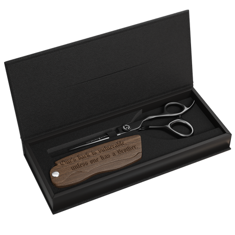 The Beard Struggle The Viking Black Steel Trimming kit Scissors and Comb in a box sakset ja kampa parranhoitoon One's back is vulnerable unles one has a brother